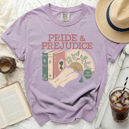 Pride & Prejudice graphic tee with books, fan, and gloves.