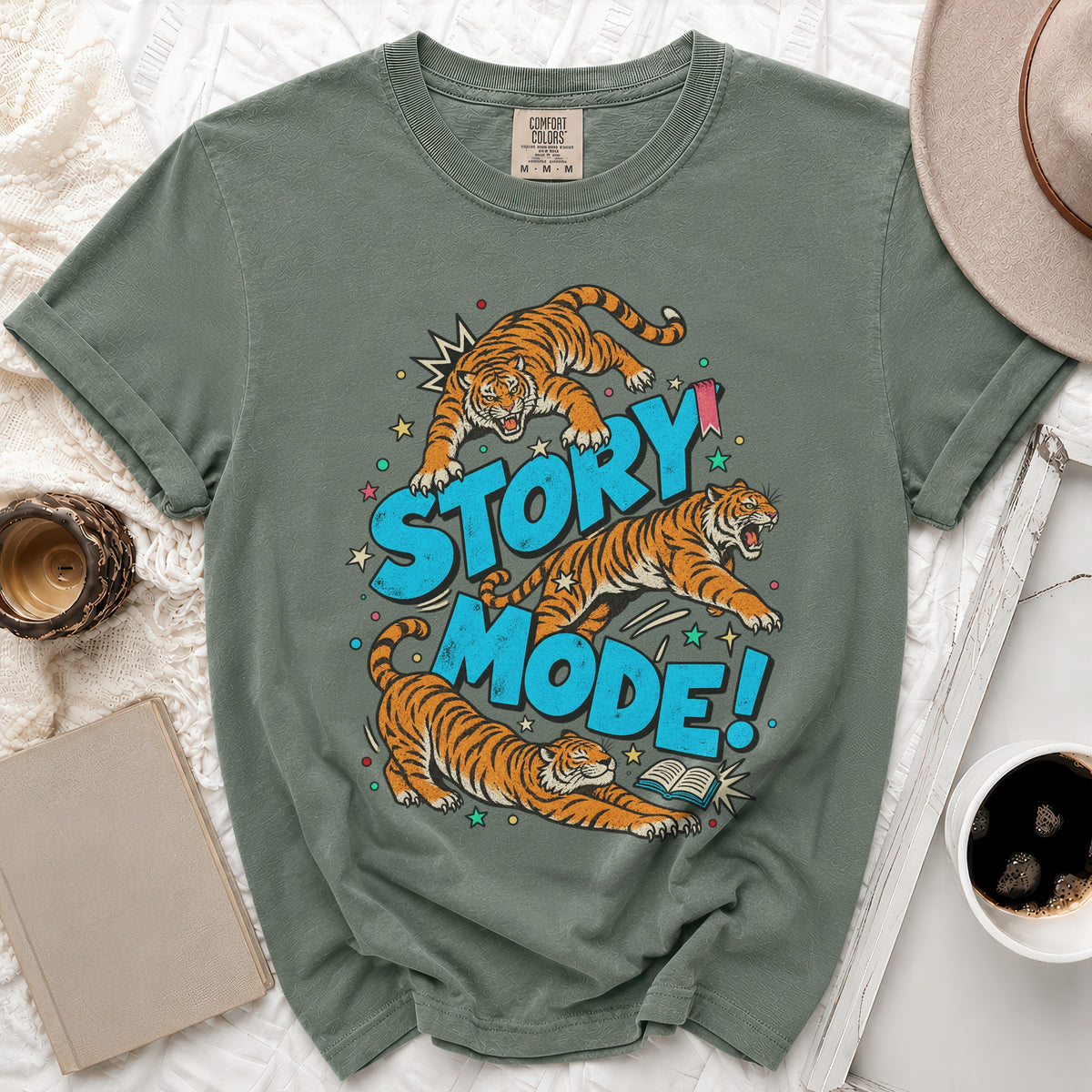 Green t-shirt with three tigers and text "STORY MODE!"
