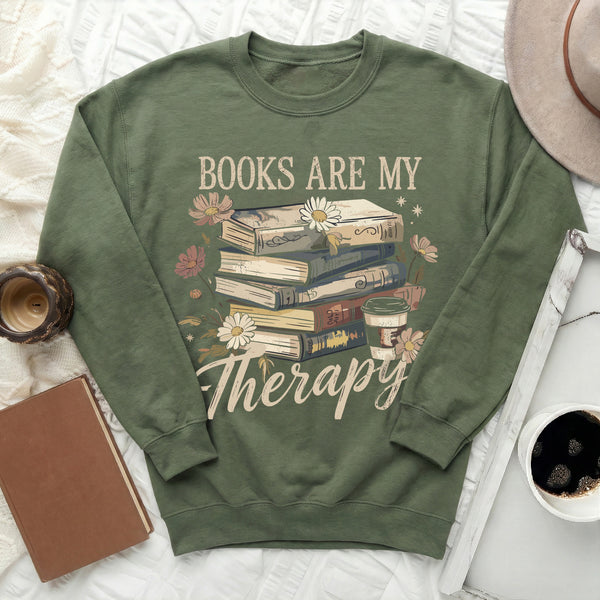 Books Are My Therapy Peace in Every Page Sweatshirt in Military Green