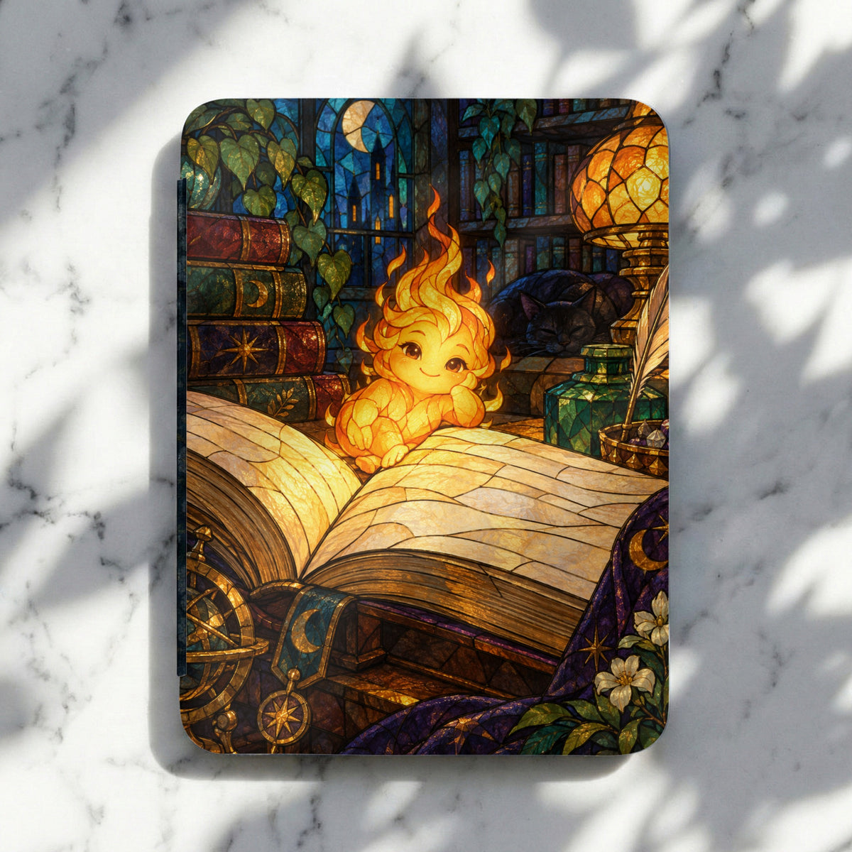 Cute fire creature rests on an open book in a stained-glass library.