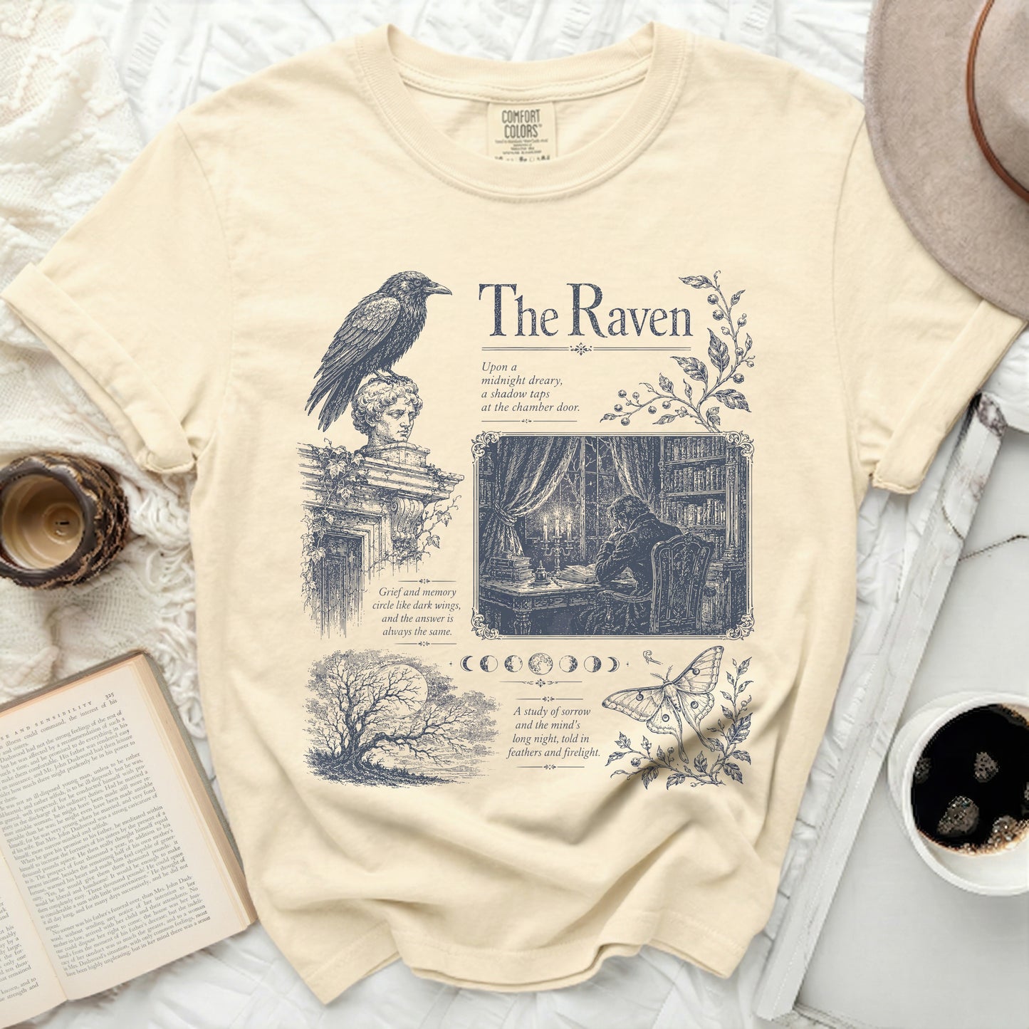 Cream Comfort Colors t-shirt with "The Raven" poem graphic and raven.