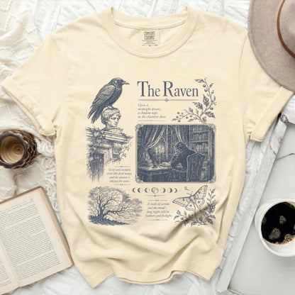 Cream Comfort Colors t-shirt with "The Raven" poem graphic and raven.