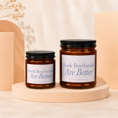 Two candles with "Book Boyfriends Are Better" text on labels.