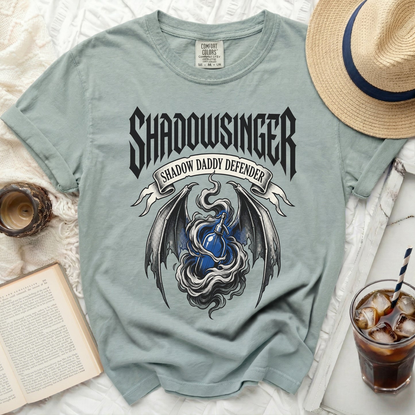 Light blue Comfort Colors t-shirt with "Shadowsinger Shadow Daddy Defender" graphic.