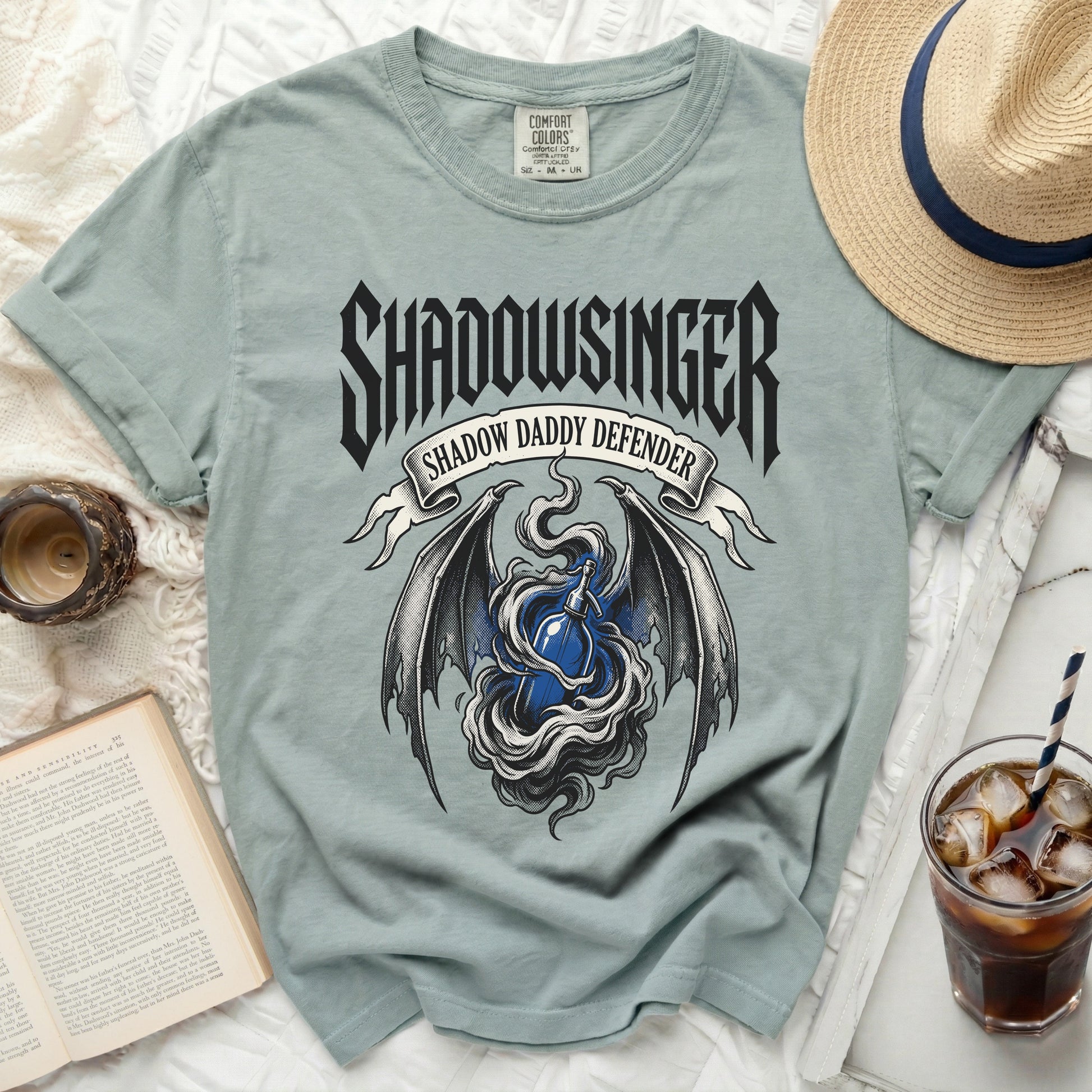 Light blue Comfort Colors t-shirt with "Shadowsinger Shadow Daddy Defender" graphic.