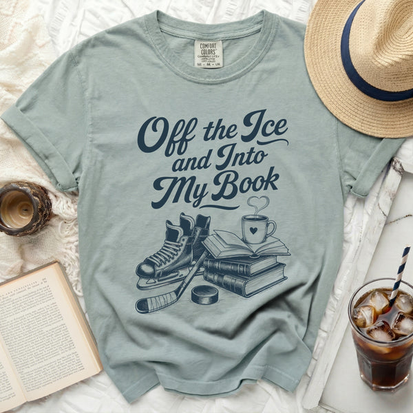 Off the Ice & Into My Book Hockey Reader Tee in Bay