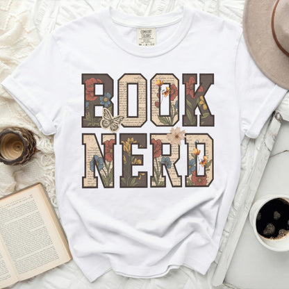 T-shirt with "BOOK NERD" in floral letter blocks.
