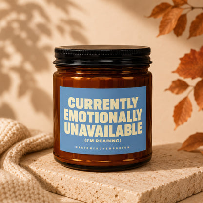 Amber jar with black lid and blue label reading "Currently Emotionally Unavailable (I'm Reading)".