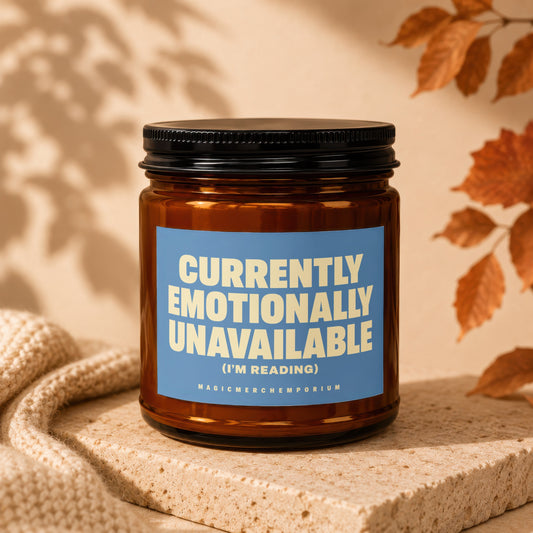 Amber jar with black lid and blue label reading "Currently Emotionally Unavailable (I'm Reading)".
