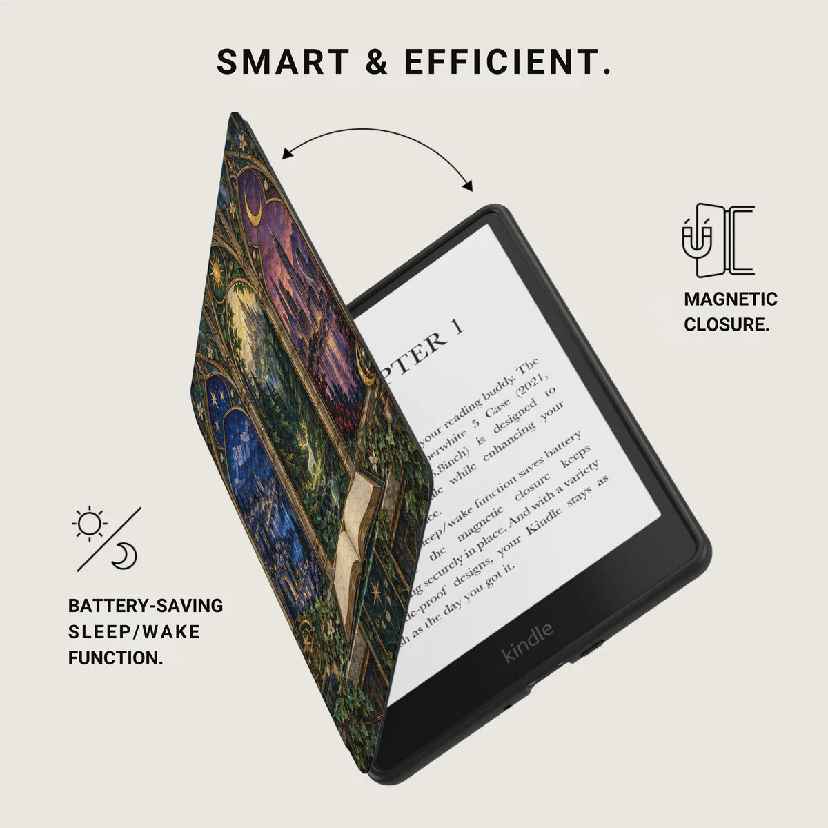 Kindle with decorative cover, magnetic closure, and battery-saving sleep/wake function.