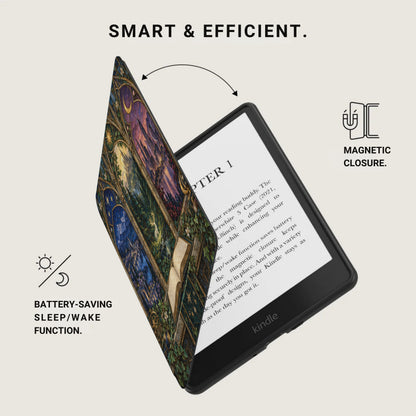 Kindle with decorative cover, magnetic closure, and battery-saving sleep/wake function.