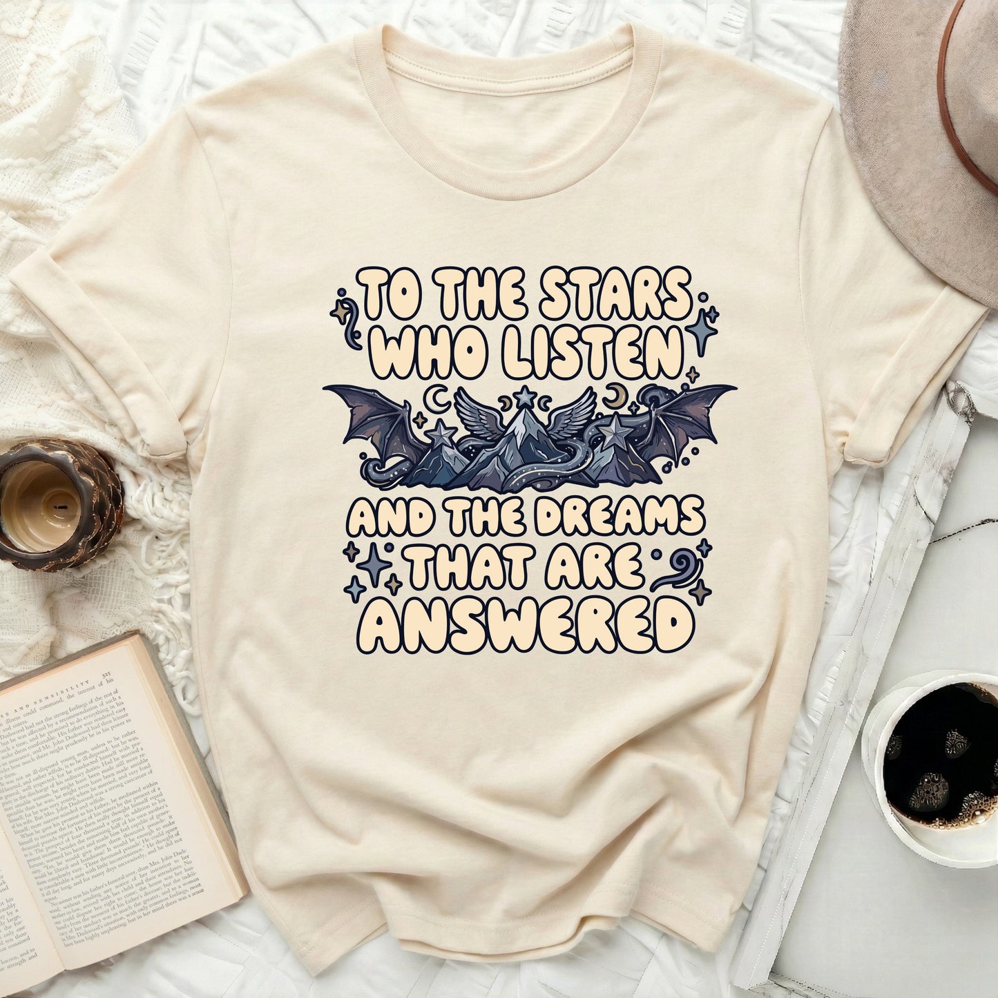 To The Stars Who Listen And The Dreams Answered product type
Fantasy, Dragon, Mountains, Celestial, Stars, Dreams, Mythical, Bookish, Fae, ACOTAR, Graphic Tee, T-shirt, Apparel, Beige Shirt, Mystical Design, Starlit, Quote Shirt, Trendy, Casual Top, Wish Fulfilled