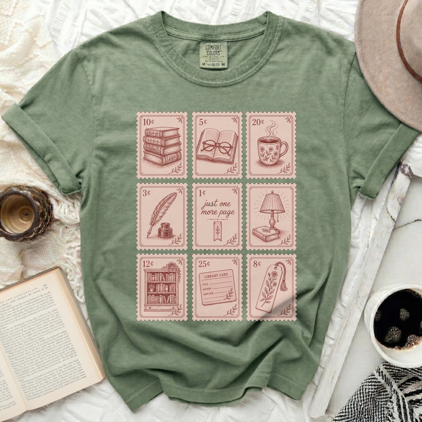 Green t-shirt with nine vintage stamp-like illustrations related to books.