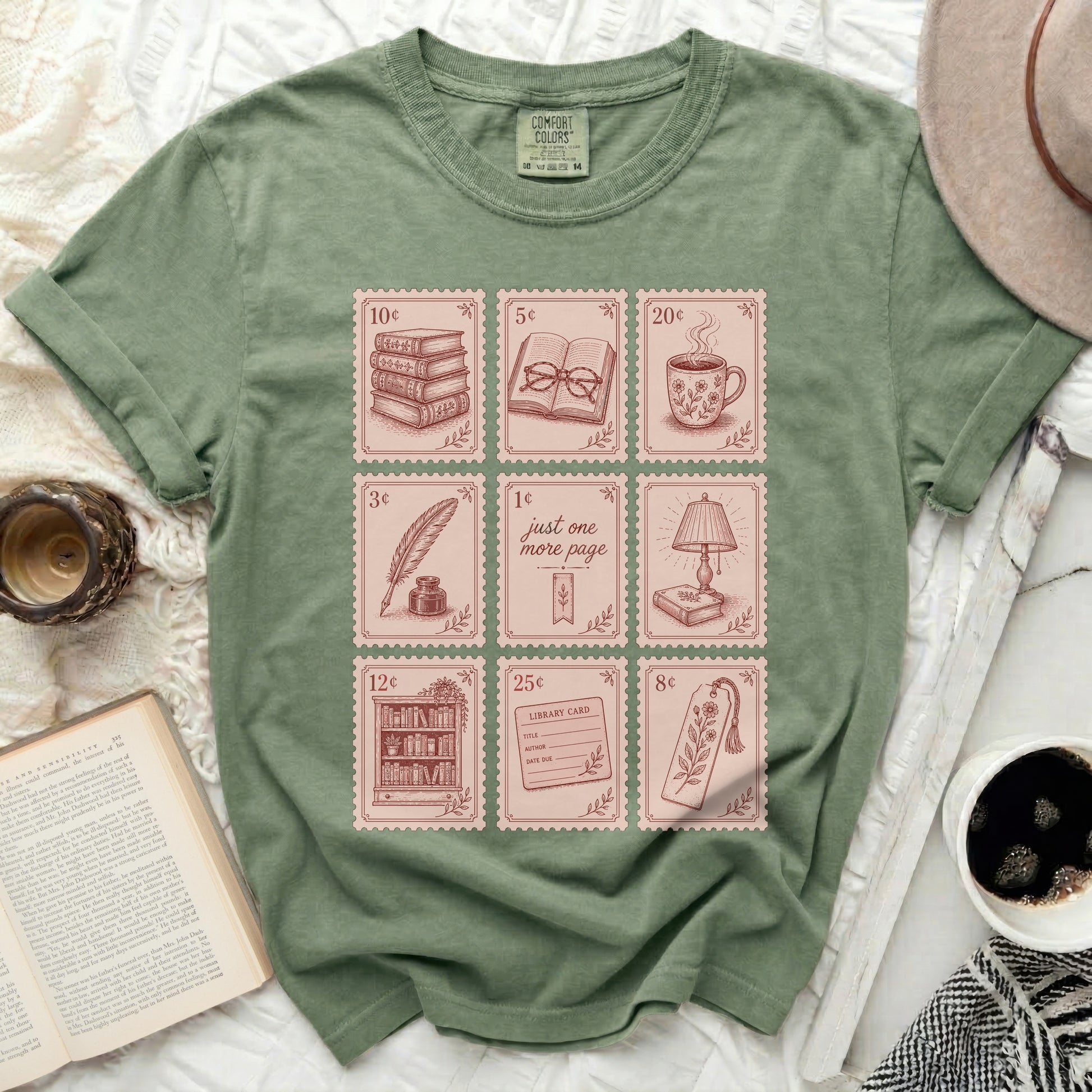 Green t-shirt with nine vintage stamp-like illustrations related to books.