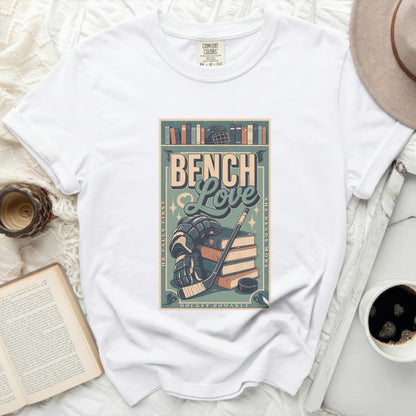 T-shirt graphic featuring "Bench Love" in a book spine design with hockey gear.