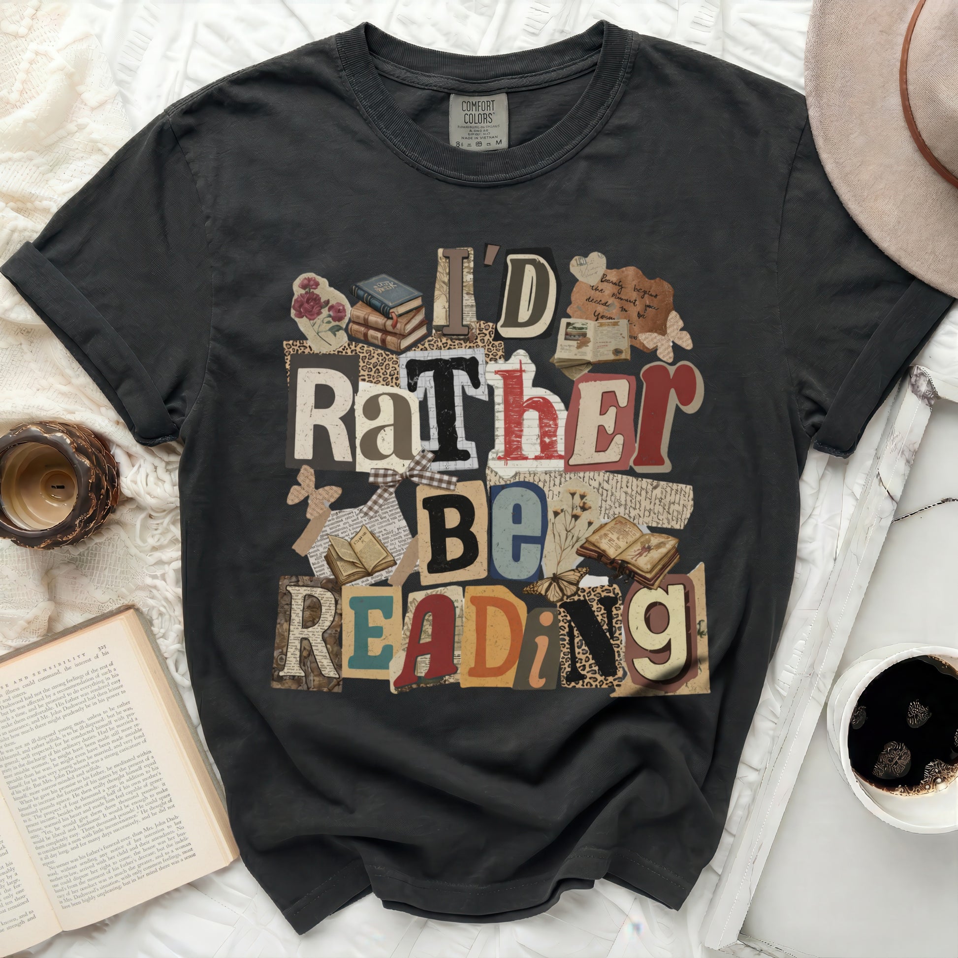 Dark gray t-shirt with "I'd Rather Be Reading" collage graphic.