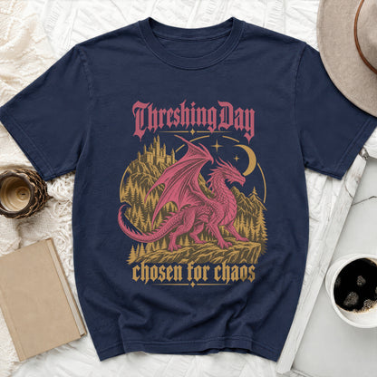 Navy t-shirt with dragon, castle, and text "Threshing Day chosen for chaos".