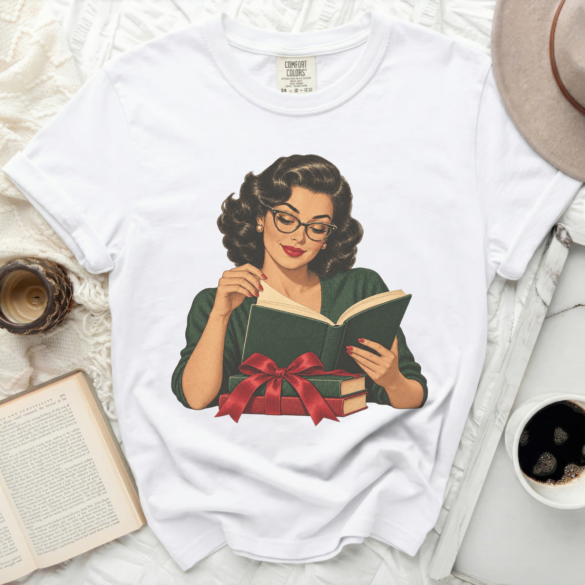 Vintage style illustration of woman reading, with two books and a red bow.