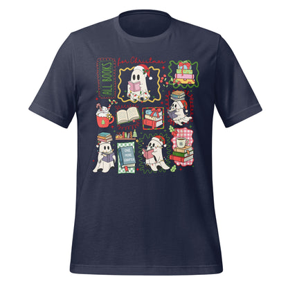 Fun Ghost Christmas Tee with Books and Holiday Spirit