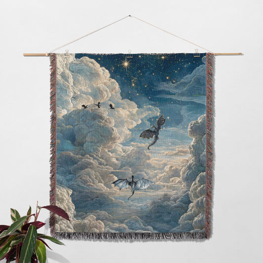 a large tapestry hanging on a wall, featuring a night sky with clouds and stars. The tapestry has a dragon flying in the sky, and there are other dragons and birds in the scene.