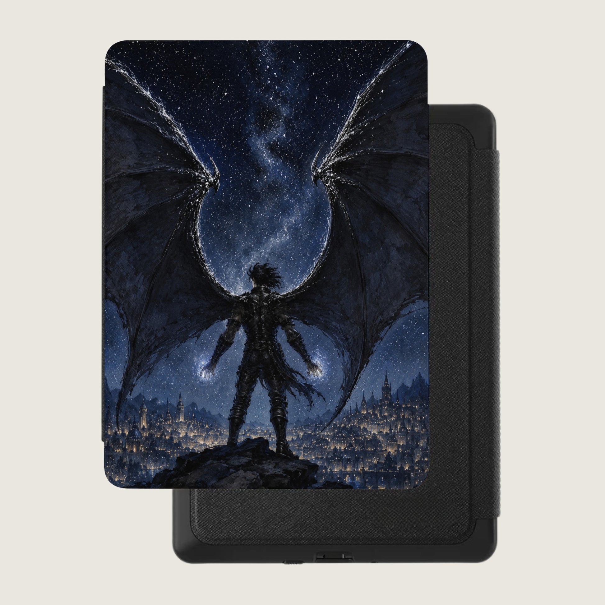 Dark winged figure stands over a glowing city at night under a starry sky.