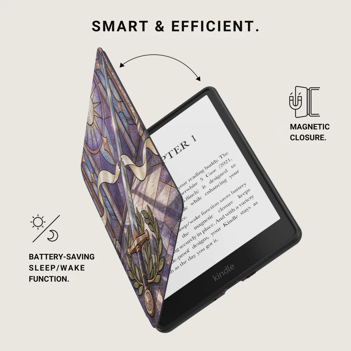 Kindle e-reader with stained glass pattern cover, magnetic closure, and battery-saving function.