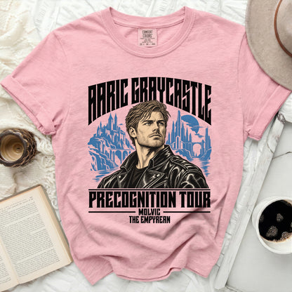 Pink t-shirt with "Aaric Graycastle Precognition Tour Molvic The Empyrean" text.