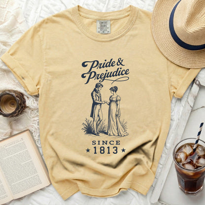 Yellow t-shirt with "Pride & Prejudice Since 1813" graphic.