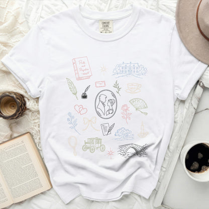 White t-shirt with Pride and Prejudice-themed line art drawings.