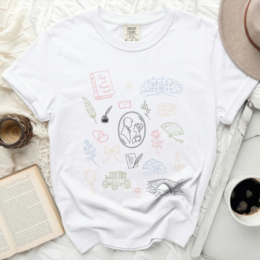 White t-shirt with Pride and Prejudice-themed line art drawings.