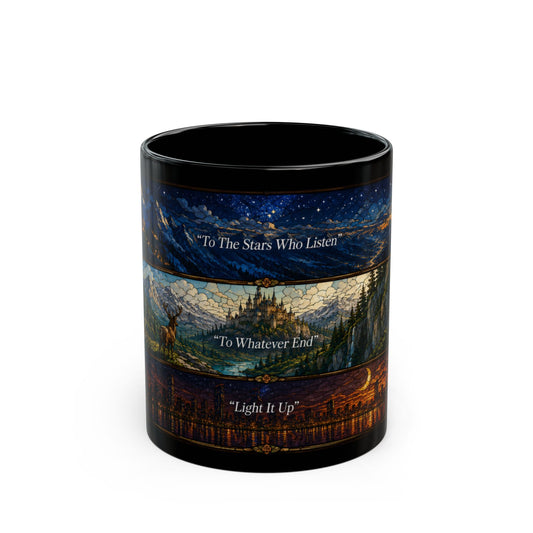 Black mug with three horizontal panels: starry sky, castle with deer, and city skyline with quotes.