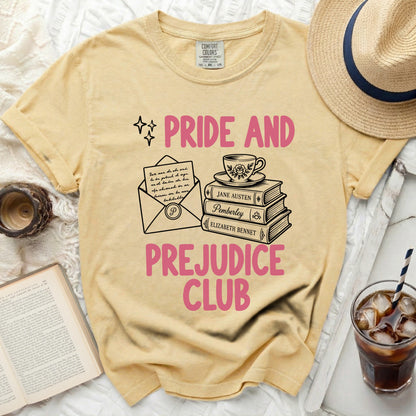Yellow t-shirt with "Pride and Prejudice Club" text and book graphics.
