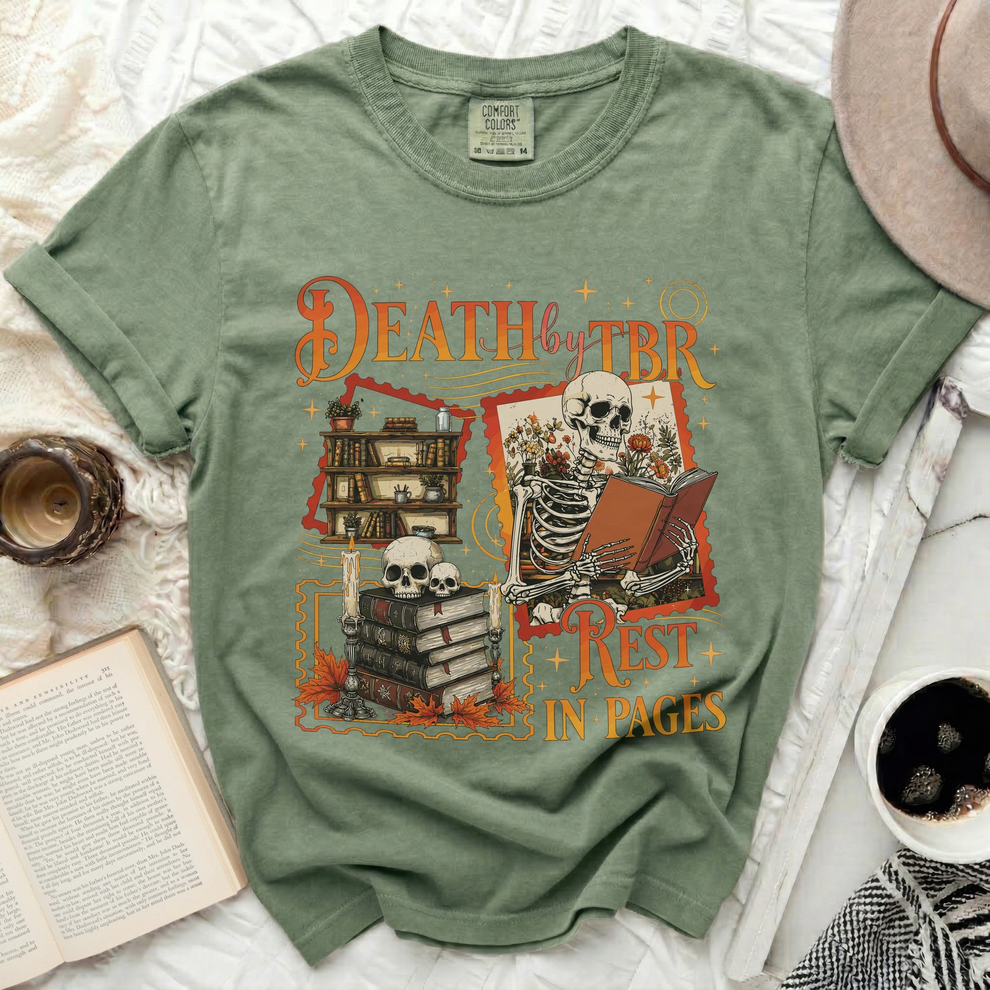 Skeleton reading book with "Death by TBR Rest in Pages" text.
