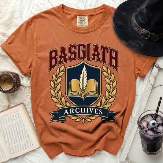 Orange t-shirt with "Basgiath Archives" crest featuring an open book and quill.