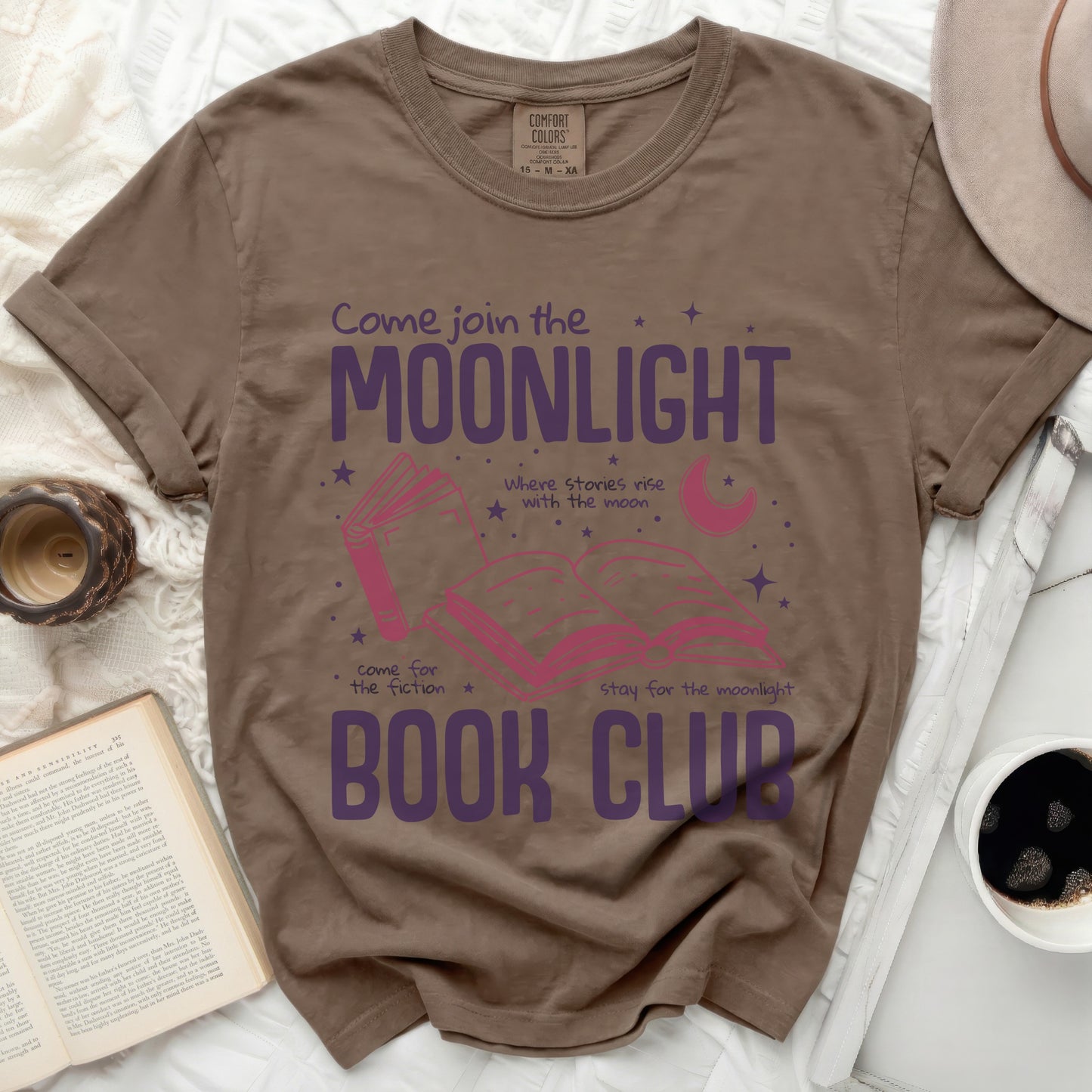 Brown t-shirt with "Come join the MOONLIGHT BOOK CLUB" graphic.