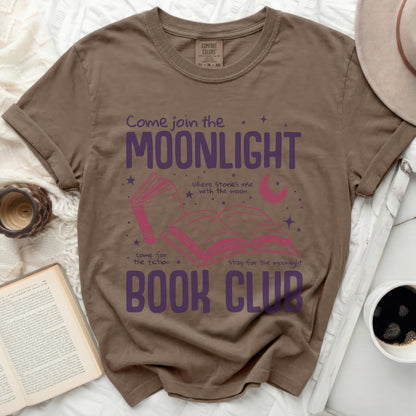 Brown t-shirt with "Come join the MOONLIGHT BOOK CLUB" graphic.