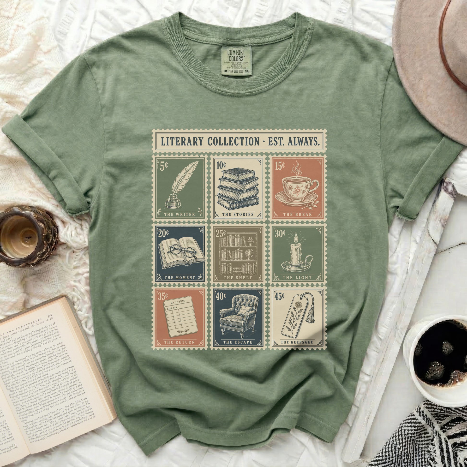 Comfort Colors t-shirt with literary-themed stamps.