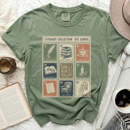 Comfort Colors t-shirt with literary-themed stamps.