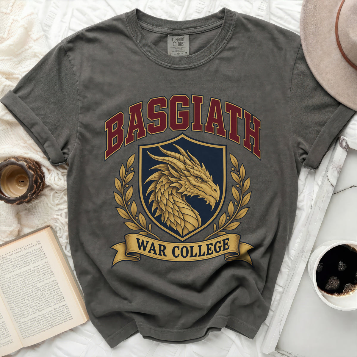 Grey t-shirt with a gold dragon crest and "BASGIATH WAR COLLEGE" text.