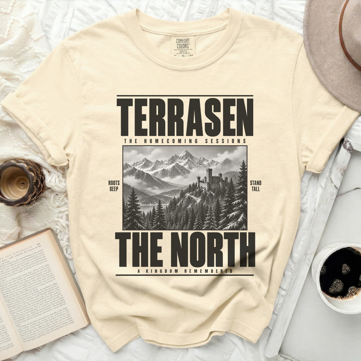 Terrasen The Homecoming Sessions, The North, castle in mountains graphic tee.
