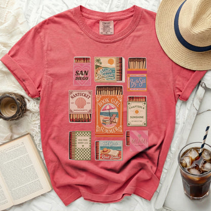 T-shirt with vintage matchbox graphics: San Diego, Nantucket, By the Sea, Chapters & Sunshine.