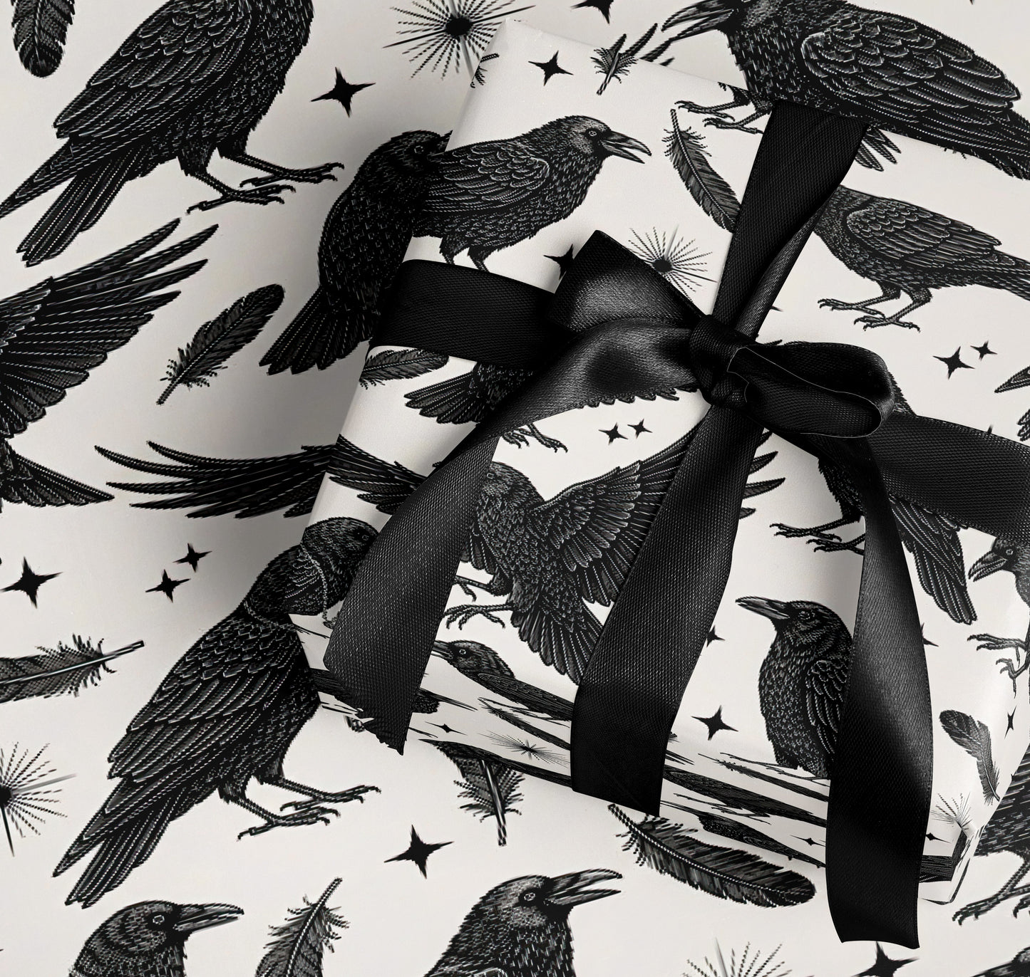 Black Ribbon Wrapped Raven and Feather Patterned product