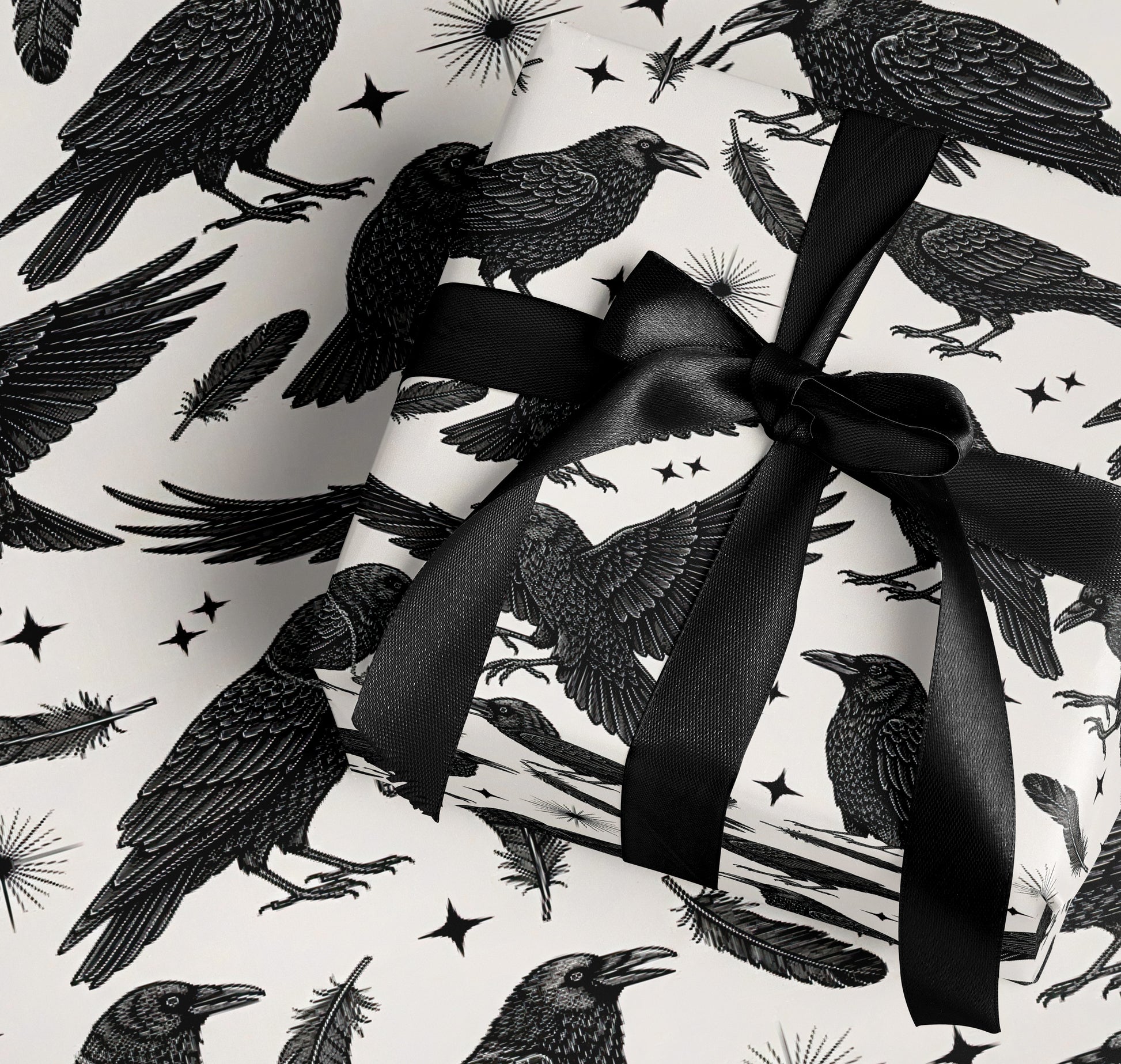 Black Ribbon Wrapped Raven and Feather Patterned product