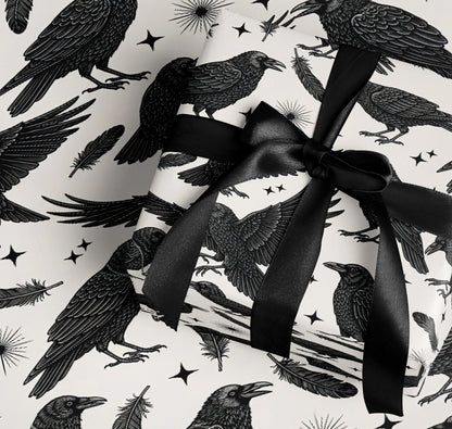 Black Ribbon Wrapped Raven and Feather Patterned product