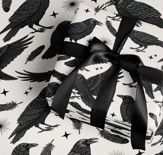 Black Ribbon Wrapped Raven and Feather Patterned product
