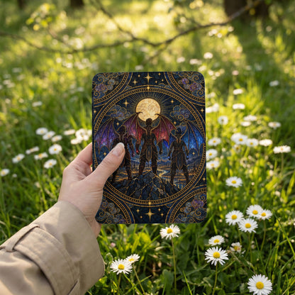 A hand holds a Kindle case featuring an ornate, stained-glass fantasy illustration against a sunny grassy background.