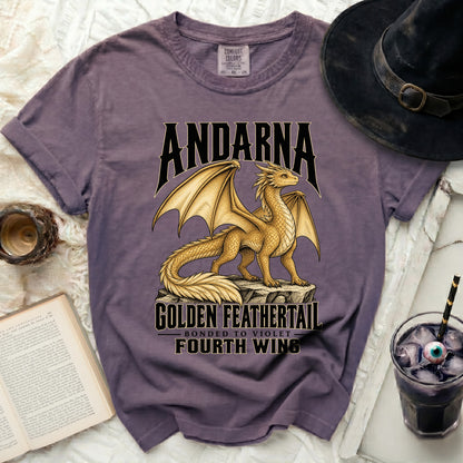 Andarna dragon graphic t-shirt with text "Golden Feathertail" and "Fourth Wing".