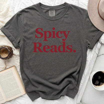 Dark gray Comfort Colors t-shirt with "Spicy Reads." in red.