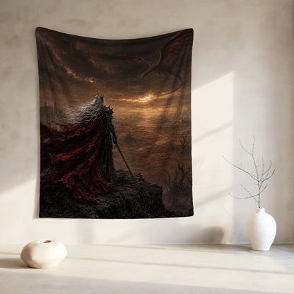 Tapestry featuring a robed figure with a sword and a dragon in a desolate landscape.