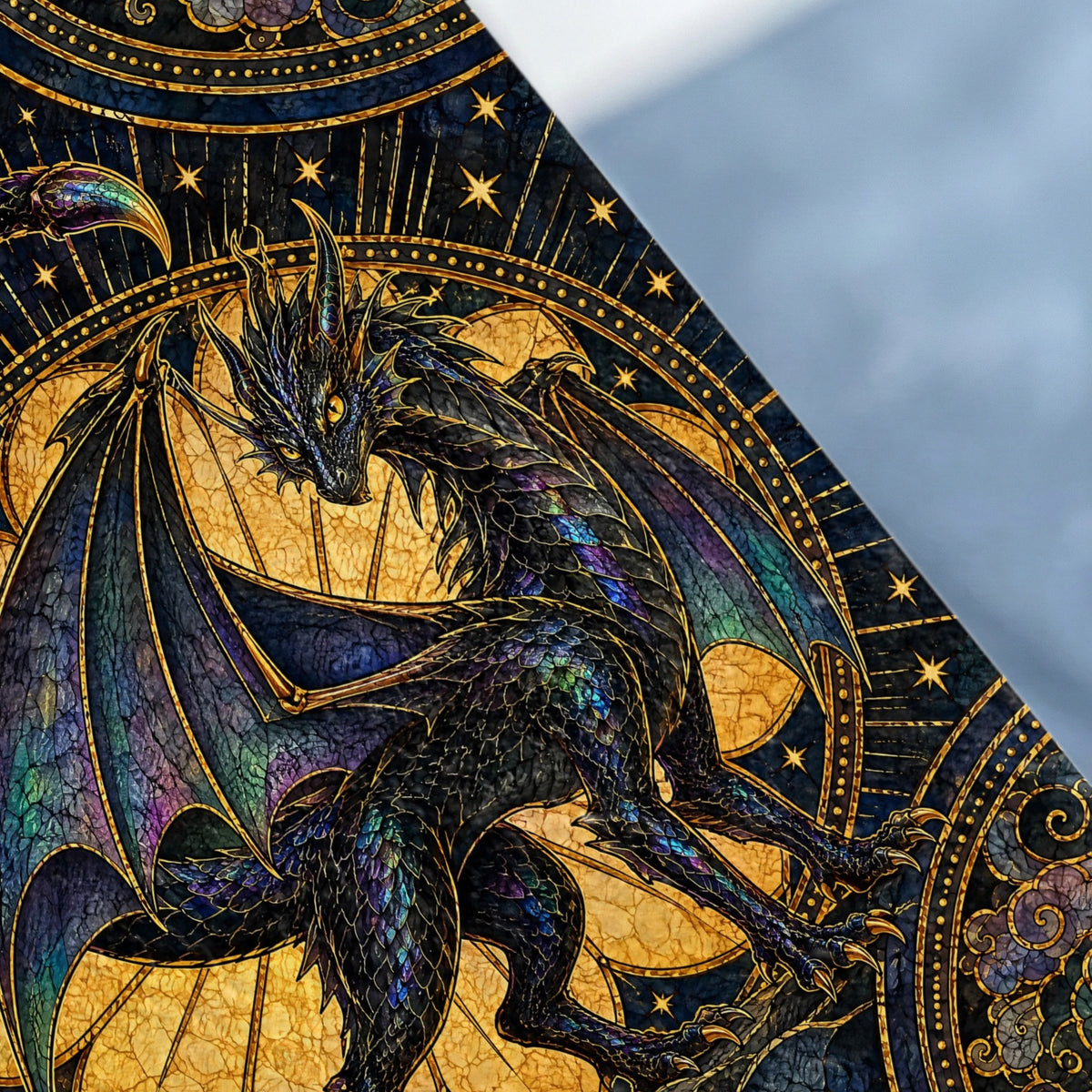 Detailed stained glass style artwork of a dark dragon against a golden and blue celestial background.